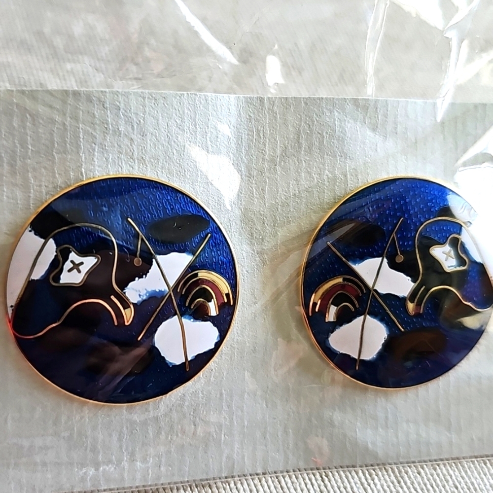Elegant Cobalt Blue and Gold Cloisonne Enemal Abstract Earrings